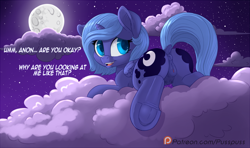 Size: 1350x800 | Tagged: explicit, artist:pusspuss, princess luna, oc, oc:anon, alicorn, anatomically correct, anus, bedroom eyes, both cutie marks, butt, clitoris, cloud, colored pupils, comic, concerned, crotchboobs, dialogue, dock, female, filly, filly luna, foal, foalcon, folded wings, frog (hoof), full moon, g4, horn, implied anon, imported from derpibooru, looking at you, looking back, lying down, moon, night, night sky, nipples, nudity, open mouth, outdoors, patreon, patreon logo, plot, ponut, pony, presenting, prone, raised tail, sky, solo, solo female, sploot, spread legs, spreading, stars, tail, teats, underhoof, vulva, vulvar winking, wings, woona, younger