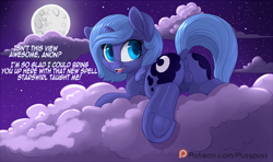 Size: 1350x800 | Tagged: explicit, artist:pusspuss, princess luna, oc, oc:anon, alicorn, anatomically correct, anus, bedroom eyes, both cutie marks, butt, clitoris, cloud, colored pupils, comic, crotchboobs, dialogue, dock, female, filly, filly luna, foal, foalcon, folded wings, frog (hoof), full moon, g4, horn, implied anon, imported from derpibooru, looking at you, looking back, lying down, moon, night, night sky, nipples, nudity, offscreen character, outdoors, patreon, patreon logo, plot, ponut, pony, prone, raised tail, sky, solo, solo female, sploot, spread legs, spreading, stars, tail, teats, underhoof, vulva, vulvar winking, wings, woona, younger