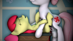 Size: 3840x2160 | Tagged: explicit, artist:baked, apple bloom, 3d, balls, big balls, bloomheart, breeding, crack shipping, creampie, cum, cumming, foalcon, futa, futa nurse redheart, futa on female, futa on filly, g4, high res, implied impregnation, imported from derpibooru, intersex, missionary position, nudity, nurse, nurse redheart, penetration, penis, sex, shipping, source filmmaker, vaginal