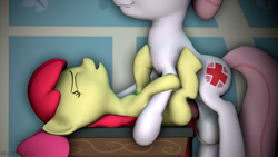 Size: 3840x2160 | Tagged: explicit, artist:baked, apple bloom, 3d, balls, big balls, bloomheart, crack shipping, foalcon, futa, futa nurse redheart, futa on female, g4, high res, imported from derpibooru, intersex, missionary position, nudity, nurse, nurse redheart, penetration, penis, sex, shipping, source filmmaker, vaginal