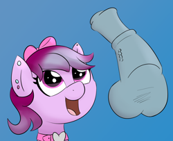 Size: 1721x1400 | Tagged: explicit, artist:wenni, oc, oc:ribbons, age difference, balls, bow, bust, collar, colored, colt, derpibooru exclusive, disembodied penis, eyes on the prize, femboy, foal, foalcon, gay, hair bow, horsecock, imported from derpibooru, irrational exuberance, looking up, male, nudity, oc only, open mouth, penis, piercing, pony, simple background, smiling, stallion, stallion on colt