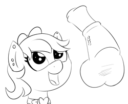 Size: 1721x1400 | Tagged: explicit, artist:wenni, oc, oc:ribbons, age difference, balls, black and white, bow, bust, collar, colt, disembodied penis, eyes on the prize, femboy, foal, foalcon, gay, grayscale, hair bow, horsecock, imported from derpibooru, irrational exuberance, lineart, looking up, male, monochrome, nudity, oc only, open mouth, penis, piercing, pony, smiling, stallion, stallion on colt
