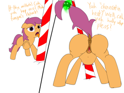 Size: 1280x960 | Tagged: explicit, artist:fapshack, scootaloo, 2 panel comic, 30 minute art challenge, anatomically correct, anus, butt, candy, candy cane, comic, female, filly, foal, foalcon, food, g4, genitals, imminent rape, imminent sex, imported from derpibooru, licking, nudity, pegasus, plot, pony, solo, solo female, stuck, tail pull, tongue out, tongue stuck, tongue stuck to pole, tongue stuck to something frozen, vagina, vulva
