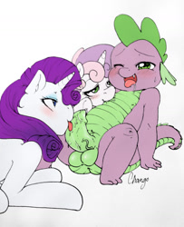 Size: 1280x1579 | Tagged: explicit, artist:chango-tan, rarity, spike, sweetie belle, age difference, balls, blowjob, dragon, dragon dick, female, foalcon, g4, group sex, horn, imported from derpibooru, male, male suckling, nipples, nudity, oral, penis, pony, sex, ship:sparibelle, ship:sparity, ship:spikebelle, shipping, straight, threesome, trio, unicorn, wingless spike