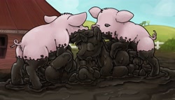 Size: 5000x2865 | Tagged: explicit, artist:smudge proof, oc, oc:sweetwater, bestiality, covered in mud, dirty, fetish, foalcon, goggles, imported from derpibooru, interspecies, mud, mud bath, muddy, oc only, pig, pig pen, porcine on equine action, sex, wet and messy, zoophilia