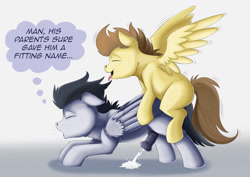 Size: 1403x992 | Tagged: explicit, artist:exelzior, anal, anal orgasm, colt, colt on colt, cum, cumming, dialogue, english, eyes closed, foal, foalcon, from behind, g4, gay, genitals, hands free, horsecock, imported from derpibooru, larger male, looking pleasured, male, nudity, orgasm, orgasm cumshot, penetration, penis, perching position, pony, pony on pony action, pound cake, reverse foalcon, rough sex, rumble, sex, short mane, size difference, small dom big sub, smaller male, spread wings, thought bubble, tongue out, wingboner, wings