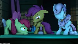 Size: 3840x2160 | Tagged: explicit, artist:baked, apple bloom, scootaloo, sweetie belle, 3d, abdominal bulge, anus, clubhouse, crusaders clubhouse, cutie mark crusaders, dildo, female, foalcon, g4, high res, imported from derpibooru, insertion, night, nudity, penetration, sex toy, source filmmaker, vagina, vaginal insertion
