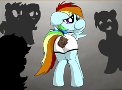 Size: 2488x1840 | Tagged: explicit, artist:konigbouncer, rainbow dash, accident, clothes, comic, crying, embarrassed, female, filly, foal, foalcon, g4, humiliation, imported from derpibooru, laughing, panties, pantypoop, part of a set, pegasus, pony, poop, pooping, scat, shart, shorts, silhouette, solo, solo female, underwear