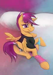 Size: 908x1276 | Tagged: explicit, artist:fancheesy, scootaloo, 80s, anatomically correct, anus, bed, bedroom eyes, butt, candy, clitoris, clothes, dark genitals, dock, ear piercing, female, foalcon, food, foodplay, g4, imported from derpibooru, insertion, lollipop, lying down, nudity, pegasus, piercing, plot, ponut, pony, raised tail, solo, solo female, tail, this will end in yeast infection, vaginal insertion, vaginal secretions, vulva, vulvar winking, wings