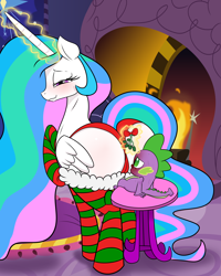 Size: 1600x2000 | Tagged: questionable, artist:digitaldomain123, princess celestia, spike, blushing, cameltoe, christmas, clothes, digital art, dragon, female, femdom, foalcon, g4, imported from derpibooru, kiss my ass, legwear, male, mare, mistletoe, mistletoe abuse, panties, ship:spikelestia, shipping, size difference, socks, stockings, straight, striped socks, sunbutt, sweat, thigh highs, underwear
