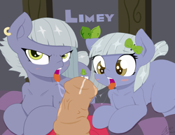 Size: 3300x2550 | Tagged: explicit, artist:aer0 zer0, artist:deserter, big macintosh, blowjob, blush sticker, blushing, bow, color edit, colored, double blowjob, drool, drool string, duality, earth pony, edit, female, foalcon, g4, hair bow, high res, horsecock, imported from derpibooru, lil' limey, limemac, limestone pie, looking at you, male, male pov, multiple blowjob, nudity, offscreen character, open mouth, oral, penis, pony, pov, precum, prone, self paradox, sex, shipping, stallion, straight, tongue out, younger, younger limestone pie