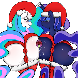 Size: 2000x2000 | Tagged: explicit, artist:digitaldomain123, princess celestia, princess luna, spike, age difference, alicorn, anus cameltoe, ass worship, bedroom eyes, blushing, blushing profusely, butt, butt to butt, butt touch, cameltoe, christmas, clothes, cum, digital art, dragon, female, femdom, foalcon, g4, hat, high res, imported from derpibooru, kissy face, legwear, male, mare, nudity, open mouth, orgasm, panties, penis, plot, plot sandwich, pony, red panties, red underwear, santa hat, ship:spikelestia, ship:spiluna, shipping, simple background, spike gets all the mares, spike gets all the princesses, stockings, straight, tail, tail aside, tail hole, the ass was fat, thigh highs, underwear, white background