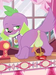Size: 2450x3300 | Tagged: explicit, artist:tricksta, spike, anus, balls, collar, dog, equestria girls, foalcon, g4, high res, imported from derpibooru, jewelry, knot, looking back, male, necklace, nudity, penis, solo, solo male, spike the dog, spiked collar
