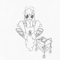 Size: 1280x1280 | Tagged: explicit, artist:datspaniard, oc, oc:forbidden mint, diaper package, female, filly, foal, foalcon, gynecological chair, gynecology, imported from derpibooru, monochrome, nudity, oc only, on back, pony, solo, solo female, speculum, stirrups, syringe, tray, vulva