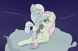 Size: 2266x1493 | Tagged: explicit, artist:mackstack, oc, oc:primrose, oc:snowdrop, balls, blowjob, cloud, cum, dead source, female, foalcon, futa, futa oc, futa on female, futa snowdrop, imported from derpibooru, incest, intersex, mother and child, mother and daughter, nudity, oc only, oral, pegasus, penis, pony, sex, shipping