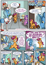 Size: 1860x2622 | Tagged: explicit, artist:anibaruthecat, scootaloo, oc, oc:cobalt, comic:cutiemark check-up 2, age difference, anus, blank flank, bucket, butt, casual nudity, comic, dialogue, doctor, female, filly, foal, foalcon, g4, glowing horn, horn, imported from derpibooru, indoors, levitation, magic, mare, not trixie, nudity, pegasus, plot, pony, scale, sick, simplistic anus, spread legs, spread wings, spreading, stethoscope, telekinesis, unicorn, vulva, wings