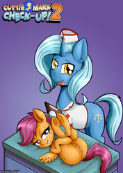 Size: 1860x2622 | Tagged: explicit, artist:anibaruthecat, scootaloo, oc, oc:cobalt, comic:cutiemark check-up 2, anus, blank flank, comic, cover art, doctor, foalcon, g4, horn, imported from derpibooru, looking at you, nudity, nurse, pegasus, pony, spread wings, underhoof, unicorn, vaginal secretions, vulva, wings