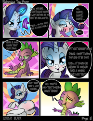 Size: 1275x1650 | Tagged: explicit, artist:lennonblack, rarity, spike, comic:returning the favor, aftersex, age difference, anus, blushing, butt, comic, cum, dark genitals, dialogue, dragon, erection, female, foalcon, g4, imminent sex, imported from derpibooru, interspecies, male, nudity, penis, plot, ponut, pony, prone, ship:sparity, shipping, speech bubble, squishy cheeks, straight, tissue, unicorn, vulva