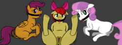 Size: 938x351 | Tagged: explicit, artist:legendoflink, apple bloom, scootaloo, sweetie belle, anus, ballgag, bondage, cutie mark crusaders, drool, female, floppy ears, foalcon, g4, gag, implied sex, imported from derpibooru, nudity, ponut, spreading, vagina, vaginal secretions