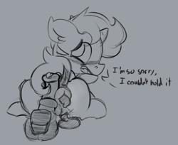 Size: 1350x1100 | Tagged: explicit, artist:ariot, oc, anal accident, anus, blushing, dialogue, disembodied penis, dock, embarrassed, female, foalcon, grinding, imported from derpibooru, male, monochrome, nudity, oc only, penis, poop, pooping, precum, scat, sketch, vagina