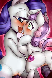 Size: 2000x3000 | Tagged: explicit, artist:anibaruthecat, rarity, sweetie belle, after kiss, alternate version, anus, belle sisters, bisexual, blushing, butt, drool, drool string, female, filly, foal, foalcon, foursome, g4, group sex, high res, horsecock, imported from derpibooru, incest, kissing, lesbian, male, mare, mare on filly, nudity, penetration, penis, plot, pony, raricest, sex, ship:raribelle, shipping, stallion, stallion on filly, straight, sweetie butt, the cmc's cutie marks, unicorn, vaginal, vulva