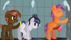Size: 1280x720 | Tagged: explicit, artist:jbond, button mash, casual masturbation, colt, colt on colt, cum, cum on wall, cumming, earth pony, exhibitionism, foal, foalcon, g4, gay, imported from derpibooru, male, males only, masturbation, nudity, pegasus, penis, poker face, pony, raised hoof, rumble, shower, soap, sponge, spread wings, tender taps, trio, trio male, washing, watching, wet, wings