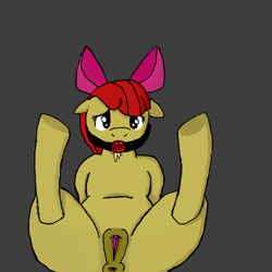 Size: 500x500 | Tagged: explicit, artist:legendoflink, apple bloom, anus, arm behind back, ballgag, bondage, colored, drool, female, floppy ears, foalcon, g4, gag, implied rape, imported from derpibooru, nudity, ponut, solo, solo female, spreading, vagina, vulva