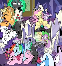 Size: 1035x1100 | Tagged: explicit, artist:nekubi, applejack, fluttershy, pinkie pie, queen chrysalis, rainbow dash, rarity, spike, starlight glimmer, twilight sparkle, alicorn, anatomically correct, angry sex, changeling, changeling on changeling action, cowboy hat, disguise, disguised changeling, eyes closed, eyeshadow, fake applejack, fake fluttershy, fake pinkie, fake rainbow dash, fake rarity, fake spike, fake twilight, female, floppy ears, foalcon, g4, grin, gritted teeth, group sex, hat, imported from derpibooru, makeup, male, mane seven, mane six, mare, masturbation, my little pony: friendship is magic, nudity, open mouth, orgy, penetration, penis, pony, queen chrysalis is not amused, scene interpretation, season 6, sex, ship:pinkiedash, ship:rarijack, ship:twishy, shipping, smiling, stetson, straight, sweatdrop, to where and back again, trixie, twilight's castle, unamused, unicorn, vaginal, vulva, watching