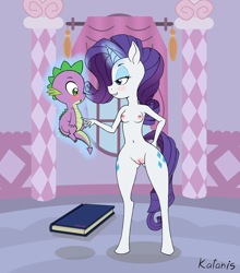 Size: 1000x1136 | Tagged: explicit, artist:katanis, rarity, spike, age difference, anthro, anthro on dragon action, belly button, blushing, book, breasts, busty rarity, dragon, duo, duo male and female, female, foalcon, g4, horn, imported from derpibooru, magic, male, nipples, nudity, pony, ship:sparity, shipping, straight, telekinesis, unguligrade anthro, unicorn, vulva, wingless spike
