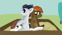Size: 1280x720 | Tagged: explicit, artist:jbond, button mash, anal, blowjob, colt, colt on colt, earth pony, foal, foalcon, g4, gay, group, group sex, implied anal, implied sex, imported from derpibooru, male, nudity, oral, penetration, penis, pipsqueak, pony, pony on pony action, race swap, rumble, sand, sandbox, sex, threesome, trio, trio male