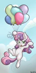 Size: 1500x3000 | Tagged: explicit, artist:anibaruthecat, sweetie belle, balloon, casual nudity, cute, diasweetes, female, filly, floating, foal, foalcon, g4, genitals, hoof hold, imported from derpibooru, long mane, looking at you, nudity, open mouth, pony, smiling, solo, solo female, underhoof, unicorn, vulva