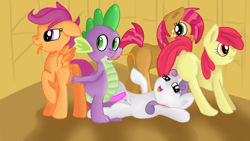 Size: 1280x720 | Tagged: explicit, artist:jbond, apple bloom, babs seed, scootaloo, spike, sweetie belle, anus, bisexual, clitoris, cum, cumming, cunnilingus, cutie mark crusaders, dragon, dragon on filly, earth pony, female, filly, fingering, foal, foalcon, g4, group sex, imported from derpibooru, lesbian, long tongue, lucky bastard, lying down, male, nudity, on back, open mouth, oral, pegasus, penetration, penis, pony, raised hoof, sex, ship:babspike, ship:crusadespike, ship:scootaspike, ship:spikebelle, ship:spikebloom, shipping, spike gets all the mares, straight, tongue out, unicorn, vaginal secretions, vulva