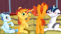 Size: 1280x720 | Tagged: explicit, artist:jbond, shining armor, anus, barn, barrel, big macintosh, big penis, blushing, braeburn, cider, colt, colt big macintosh, colt shining armor, colt sunburst, dock, drink, drinking, drunk, earth pony, foal, foalcon, g4, imported from derpibooru, impossibly large penis, male, males only, nudity, pegasus, penis, pony, sitting, sleeping, soarin', spread legs, spreading, sunburst, sweet apple acres, unicorn, younger