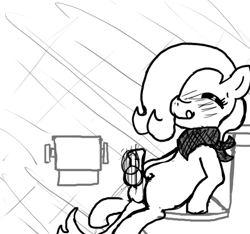 Size: 640x600 | Tagged: explicit, artist:ficficponyfic, oc, oc:emerald jewel, aroused, balls, bandana, bathroom, blushing, blushing profusely, child, colt, colt quest, earth pony, eyes closed, femboy, foal, foalcon, hair over one eye, hoofjob, imported from derpibooru, male, masturbation, monochrome, nudity, oc only, penis, pony, sitting, solo, solo male, toilet, toilet paper, tongue out, wall