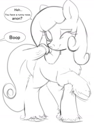 Size: 1280x1685 | Tagged: explicit, artist:yoditax, oc, oc:snowdrop, blind, boop, cute, cute porn, dickboop, female, foalcon, foreskin, human penis, implied anon, implied human on pony action, imported from derpibooru, interspecies, monochrome, nudity, oblivious, oc only, offscreen character, one eye closed, pegasus, penis, pony, precum, raised hoof, sketch, smiling, solo, solo female, unshorn fetlocks, we are going to hell, wink