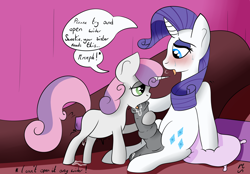 Size: 1841x1285 | Tagged: explicit, artist:mackstack, rarity, sweetie belle, ahegao, big penis, couch, cum, cum inflation, dialogue, excessive cum, foalcon, futa, futa on female, futa on filly, futa rarity, g4, horny, imported from derpibooru, incest, inflation, insertion, intersex, nudity, open mouth, oral, penis, pent up, pony, raricest, sex, sex toy, ship:raribelle, shipping, speech bubble, this will end in tears, too big, unicorn, vaginal insertion, vibrator