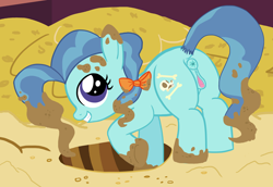 Size: 3314x2281 | Tagged: explicit, artist:sum1-else, anatomically correct, anus, bow, butt, clitoris, cute, cute porn, dirt, earth pony, female, foalcon, g4, hair bow, high res, imported from derpibooru, my little pony: friendship is magic, nudity, petunia paleo, plot, pony, season 6, solo, solo female, the fault in our cutie marks, vulva, vulvar winking