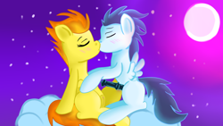 Size: 1280x720 | Tagged: explicit, artist:jbond, blushing, cloud, cloudy, colt, duo, eyes closed, female, filly, filly spitfire, foal, foalcon, g4, imported from derpibooru, kiss on the lips, kissing, male, night, nudity, pegasus, penis, pony, ship:soarinfire, shipping, sitting, soarin', spitfire, spread wings, straight, vulva, wings, younger