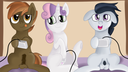 Size: 1280x720 | Tagged: explicit, artist:jbond, button mash, sweetie belle, balls, casual masturbation, casual nudity, colt, controller, earth pony, female, filly, floppy ears, foal, foalcon, g4, horsecock, imported from derpibooru, joystick, male, masturbation, nudity, penis, pony, rumble, sheath, sheathed, sitting, spread legs, spreading, tongue out, trio, unicorn, vulva