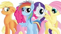 Size: 1280x720 | Tagged: explicit, artist:jbond, applejack, fluttershy, pinkie pie, rainbow dash, rarity, anus, dock, earth pony, female, filly, filly pinkie pie, filly rainbow dash, filly rarity, foal, foalcon, g4, imported from derpibooru, nudity, pegasus, pony, presenting, raised hoof, raised tail, rear view, remane five, simple background, tail, unicorn, vulva, white background, younger