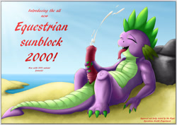 Size: 3507x2480 | Tagged: explicit, artist:exelzior, spike, advertisement, beach, cum, cumming, dragon, eyes closed, fangs, foalcon, forked tongue, g4, high res, horsecock, imported from derpibooru, lying down, male, masturbation, nudity, ocean, on back, open mouth, penis, sand, seaside, solo, solo male, tongue out