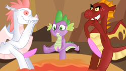 Size: 1280x720 | Tagged: explicit, artist:jbond, spike, dragon, fizzle, foalcon, g4, garble, humiliation, imported from derpibooru, lava, male, males only, nudity, penis, small penis, small penis humiliation, trio