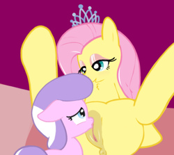 Size: 1008x900 | Tagged: explicit, artist:sportifli, diamond tiara, fluttershy, bedroom eyes, cunnilingus, derpibooru exclusive, female, foalcon, g4, imported from derpibooru, jewelry, lesbian, mare on filly, nudity, oral, sex, sluttershy, tiara, vulva