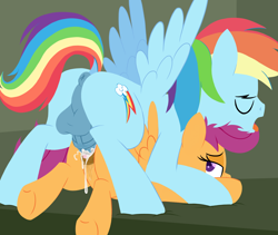 Size: 2560x2160 | Tagged: explicit, artist:dtcx97, rainbow dash, scootaloo, age difference, anatomically correct, anus, bedroom eyes, butt, clitoris, creampie, cum, dark genitals, doggy style, duo, edit, eyes closed, female, foalcon, from behind, g4, half r63 shipping, high res, imported from derpibooru, lying down, lying on top of someone, male, medial ring, nudity, orgasm, penetration, penis, plot, ponut, pony, rainbow blitz, rule 63, sex, ship:scootablitz, ship:scootadash, shipping, spread wings, straight, tight fit, tongue out, vaginal, vaginal secretions, vulva, vulvar winking, wingboner, wings