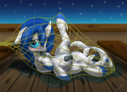 Size: 2500x1818 | Tagged: explicit, artist:miniferu, oc, oc:prince nova, anus, female, filly, fishing net, foal, foalcon, imported from derpibooru, net, nudity, oc only, original species, ponut, shark pony, solo, solo female, spider web, vagina