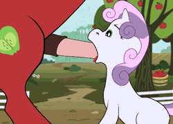 Size: 450x323 | Tagged: explicit, artist:animatroxx, sweetie belle, animated, apple, apple tree, big macintosh, blinking, blowjob, creampie, cum, cum in mouth, cumming, deepthroat, earth pony, eyes closed, foalcon, food, g4, gif, horsecock, imported from derpibooru, male, nudity, oral, oral creampie, penis, pony, sex, ship:sweetiemac, shipping, sitting, stallion, straight, swallowing, sweet apple acres, tongue out, tree