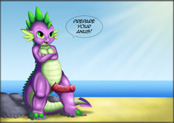 Size: 2455x1736 | Tagged: explicit, artist:exelzior, spike, beach, big penis, crossed arms, dialogue, dragon, erection, foalcon, g4, happy, horsecock, imported from derpibooru, male, nudity, penis, prepare your anus, semi-anthro, smiling, solo, solo male, urethra