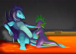 Size: 2104x1488 | Tagged: explicit, artist:exelzior, spike, cave, cavern, dragon, dragoness, female, foalcon, g4, imminent sex, imported from derpibooru, lava, male, nudity, penis, princess ember, ship:emberspike, shipping, spread legs, spreading, straight, straight shota, vagina, wings