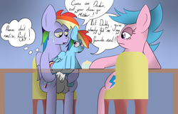 Size: 3185x2057 | Tagged: explicit, artist:mackstack, rainbow dash, bad parenting, blue background, clopfic in description, clopfic linked in description, creampie, cum, cum inflation, dark genitals, father and child, father and daughter, female, filly, firefly, foal, foalcon, food, g1, g1 to g4, g4, generation leap, high res, imported from derpibooru, incest, inflation, jossed, looking at each other, looking back, male, nudity, penetration, rainbow blaze, raincest, sex, ship:blazedash, shipping, simple background, speech bubble, stallion on filly, stealth sex, straight, sweat, table, thought bubble, vaginal, vaginal creampie, worried