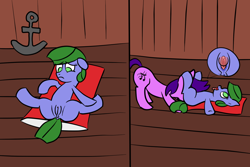 Size: 1200x800 | Tagged: explicit, artist:saria the frost mage, oc, oc:clover patch, 2 panel comic, a foal's adventure, anchor, anus, blank flank, child, clitoris, color, comic, concerned, cunnilingus, earth pony, eyes rolling back, female, filly, foal, foalcon, frown, genitals, imported from derpibooru, lesbian, licking, lust, mare, mare on filly, nudity, oc only, on back, oral, orgasm, pillow, pirate, pirate ship, pony, room, sex, ship, spread legs, spreading, story included, tongue out, vaginal orgasm, vaginal secretions, vaginal secretions in mouth, vulva, wood